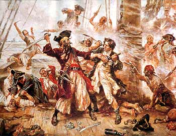 The Duel between Blackbeard the pirate and lieutenant Maynard in Ocracoke Bay - painting by Jean Leon Grome FERRIS (August 8, 1863 to March 18, 1930)